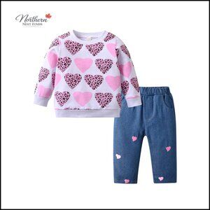 Toddler Girl Heart Print Sweatshirt and Pants Set Long Sleeve Pullover